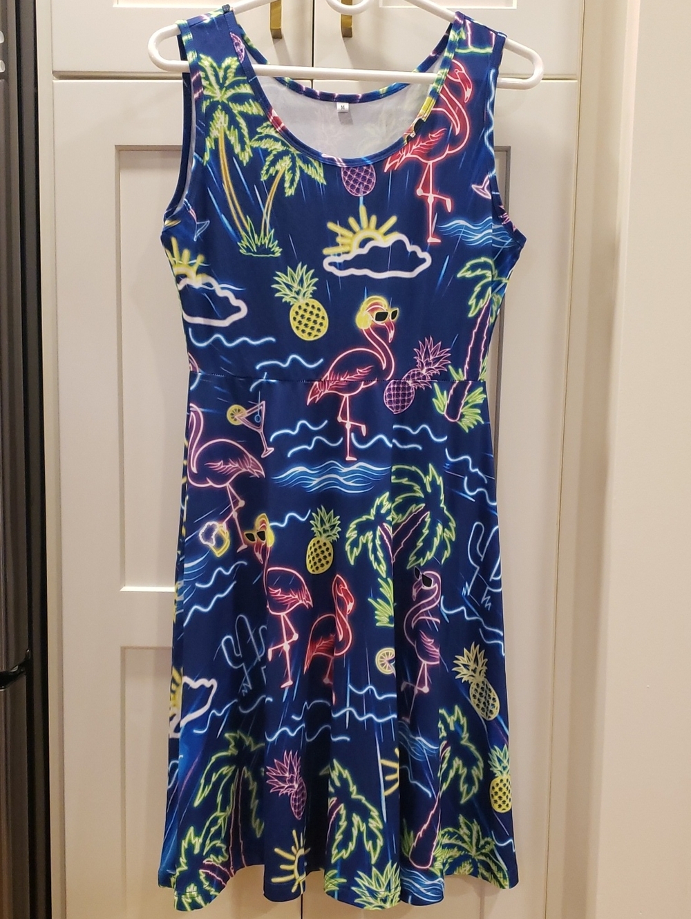 Women Neon Flamingo Print Swim Dress - Blue